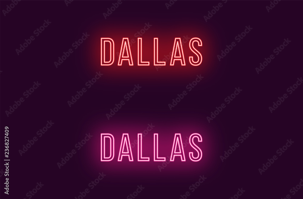 Neon name of Dallas city in USA. Vector text