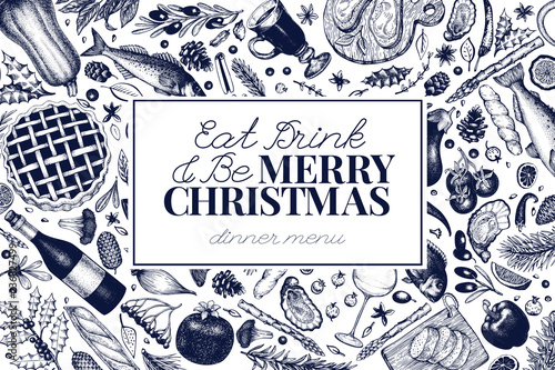 Happy Christmas Dinner design template. Vector hand drawn illustrations. Greeting Christmas card in retro style. Frame with harvest, vegetables, pastry, bakery, seafood, fish