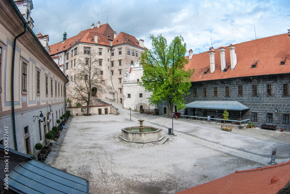 View of the castle courtyard in Cesky Krumlov. Summer, quiet day.