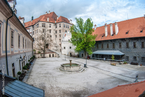 View of the castle courtyard in Cesky Krumlov. Summer, quiet day.