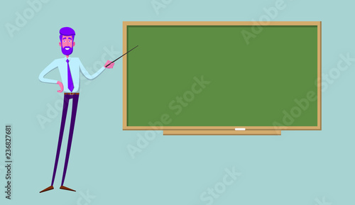 Hipster teacher near the blackboard. A young university professor gives a lecture to students. The teacher in the classroom leads the lesson. Lesson at school. Vector illustration.