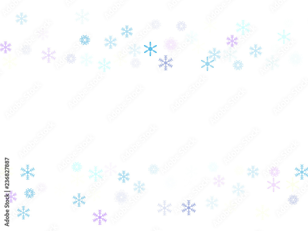 Falling down snow confetti, snowflake vector border. Festive winter, Christmas, New Year sale background. Cold weather, winter storm, scatter texture. Hipster snowfall falling snowflakes cool confetti