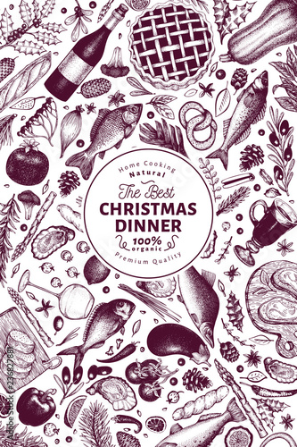 Happy Christmas Dinner design template. Vector hand drawn illustrations. Greeting Christmas card in retro style. Frame with harvest, vegetables, pastry, bakery, seafood, fish