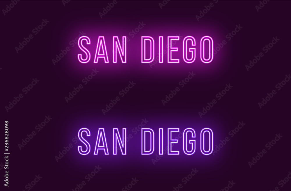 Neon name of San Diego city in USA. Vector text