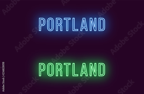 Neon name of Portland city in USA. Vector text