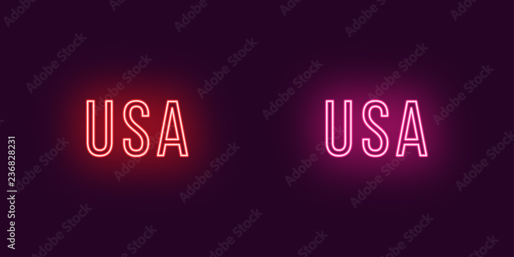 Neon name of USA country. Vector text of USA