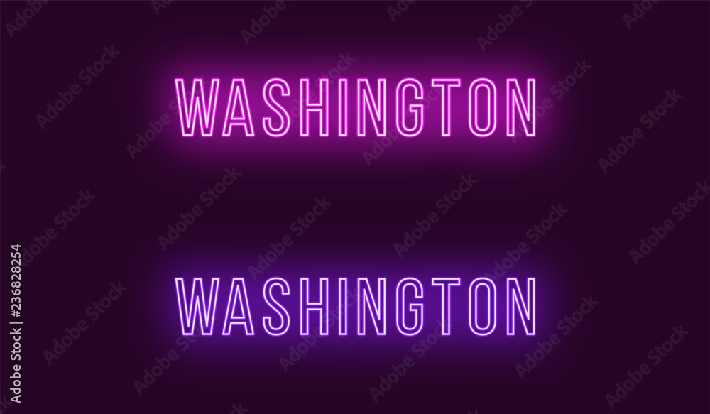 Neon name of Washington city in USA. Vector text