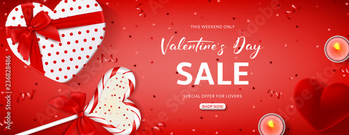 Valentine's Day sale web banner. Vector illustration with gift box, lollipop, ring box, red serpentine and confetti on red background. Promo seasonal offer.