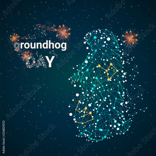 Happy Groundhog Day design with cute groundhog against the background of a starry sky.