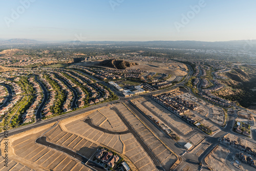 Aerial view of expansion in the City of Los Angeles. New neighborhood construction in the Porter Ranch area of the San Fernando Valley. 