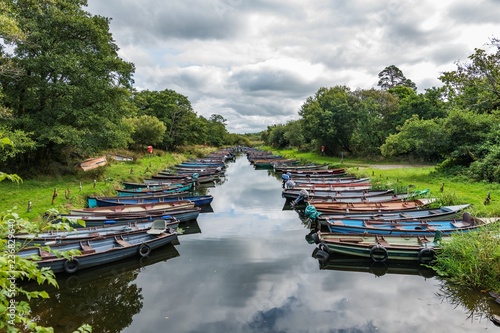 Anchored barges on Ross Island in the southwest of Ireland.