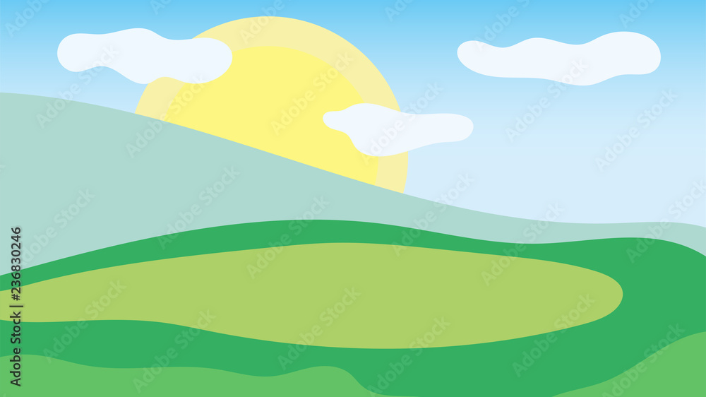 Obraz premium Landscape with hills, clouds and sun. Vector illustration.