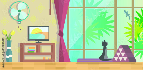 Asian style Room vector illustration. Cat sitting on the thai-style sofa and watching a gecko. There are a fan, TV on the tv table, curtain and sofa in the room.