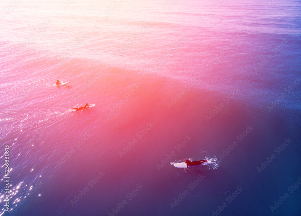 Fototapeta premium Team of surfers are preparing to ride big wave on board, blue water, summer