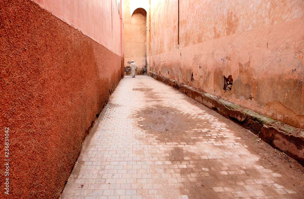 Obraz premium Man in djellaba walking in a orange brown street