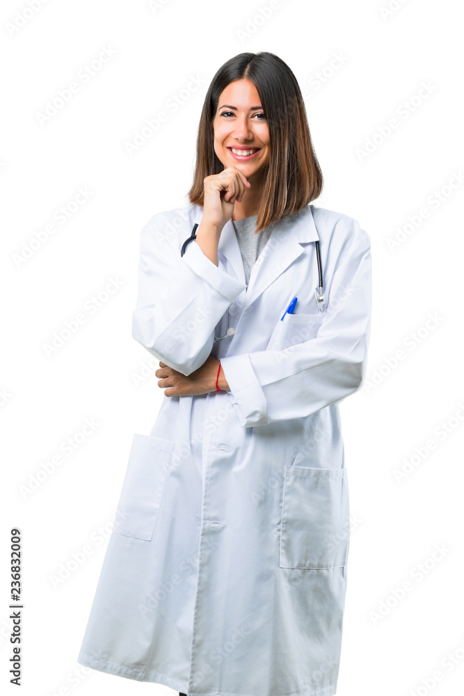 Doctor woman with stethoscope smiling and looking to the front with confident face on isolated white background Doctor woman with stethoscope smiling and looking to the front with confident face on isolated white background