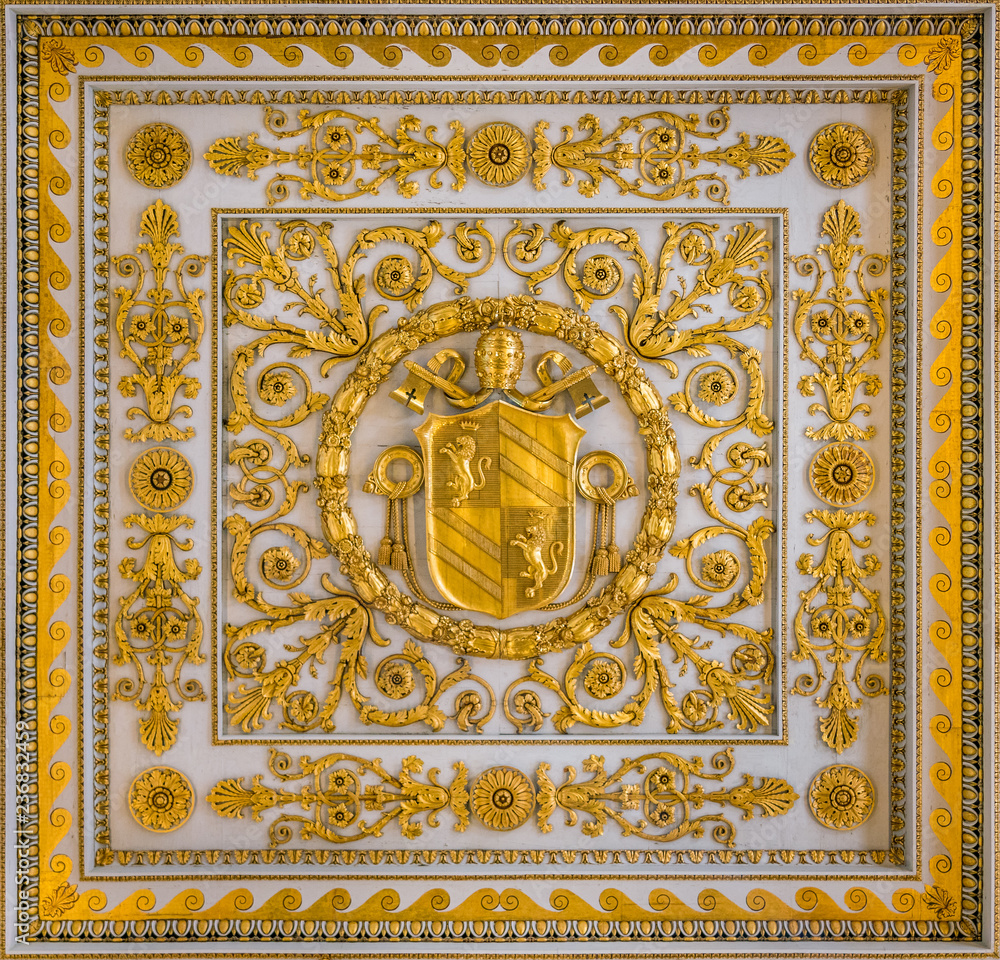 Pius IX coat of arms from the ceiling of the Basilica of Saint Paul Outside the Walls, in Rome.