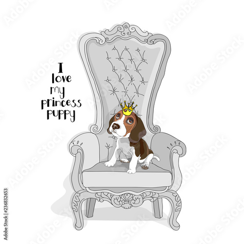 Cavalier King Charles Spaniel Puppy with a princess crown on a throne armchair. Vector illustration.