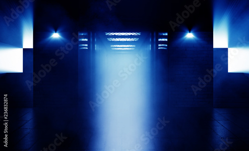 Background of empty dark brick wall  concrete floor  neon light  laser beams  smoke  fog  night. Parking  elevator  stairs