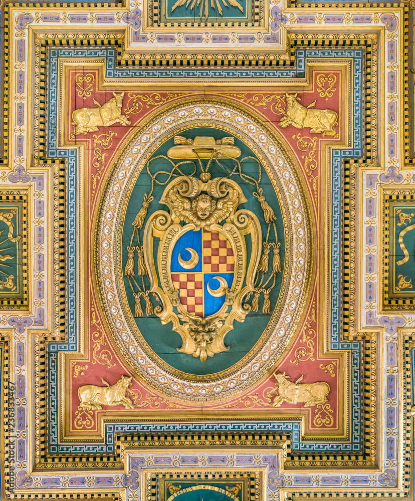 Cardinal coat of arms from the ceiling of the Church of San Marcello al Corso. Rome, Italy