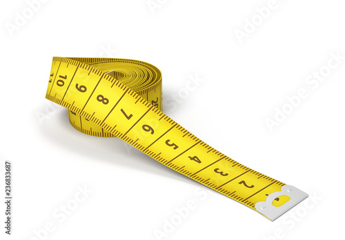 3d rendering of partly rolled out yellow measuring tape isolated on white background.