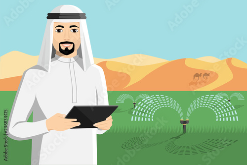 Arab farmer with a tablet computer controls irrigation system.  Smart agriculture in desert. Vector illustration EPS 10