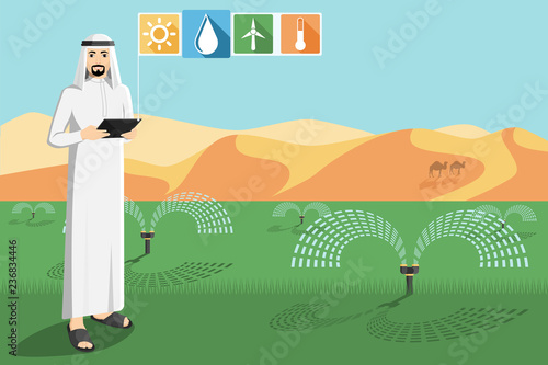 Arab farmer with a tablet computer controls irrigation system.  Smart agriculture in desert. Vector illustration EPS 10