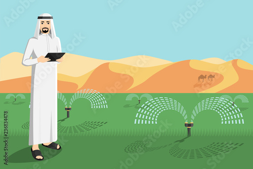 Arab farmer with a tablet computer controls irrigation system.  Smart agriculture in desert. Vector illustration EPS 10