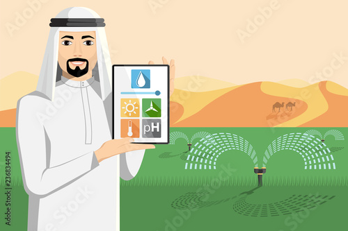Arab farmer with a tablet computer controls irrigation system.  Smart agriculture in desert. Vector illustration EPS 10