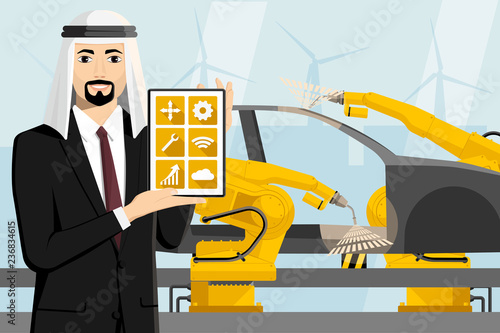 Arab manager with a digital tablet controls the welding robots on the car assembly line. Smart factory. Vector illustration
