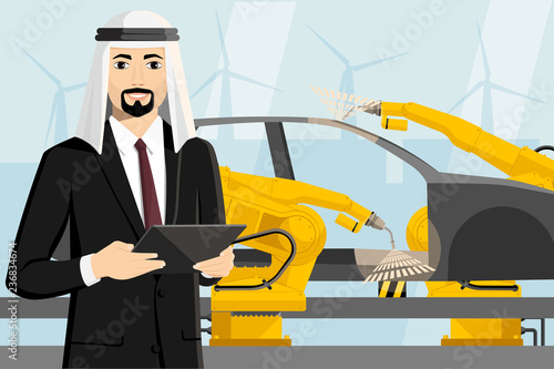 Arab manager with a digital tablet controls the welding robots on the car assembly line. Smart factory. Vector illustration