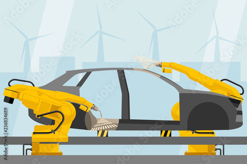Welding robots on the car assembly line. Smart factory. Vector illustration