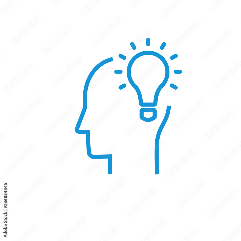 Idea and imagination. Brain, light bulb, human head. Creative idea, mind,  thinking logo. Stock Vector