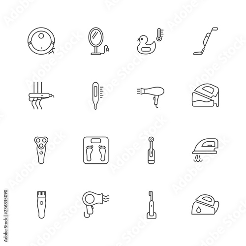 Home appliances line icons.Bathroom electric devices vector icons.Editable stroke.