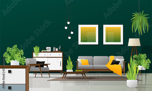 Interior background of modern living room in natural concept with wooden furniture , plants, and green wall , vector , illustration