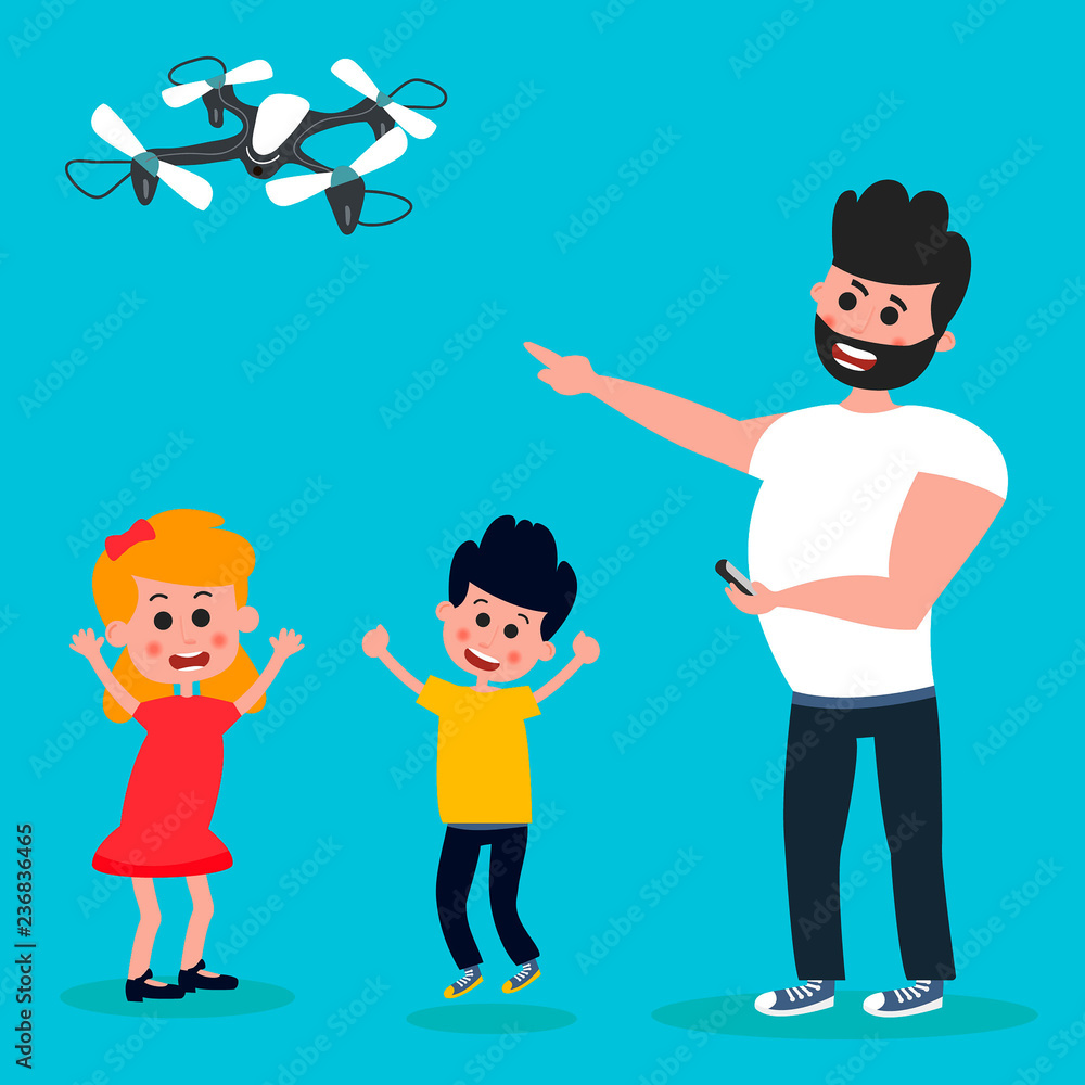 Superhero dad concept. Strong Dad playing with his two children. Vector Illustration Superhero dad concept. Strong Dad playing with his two children. Vector Illustration