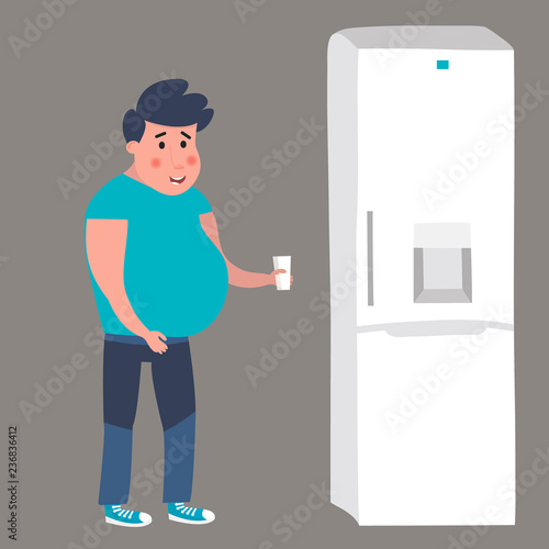 Fat man goes to the fridge. Vector illustration