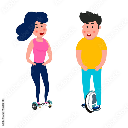 Young man with a young woman ride on a monowheel and a hoverboard. Vector illustration