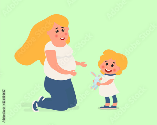 Mom playing with her baby. Mother character isolated. Vector Illustration Baby care concept.