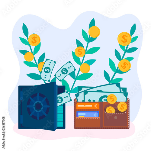 Coins, banknotes and credit cards in a wallet and a safe with dollars.