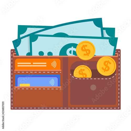 Leather wallet with credit cards, dollar bills, coins.