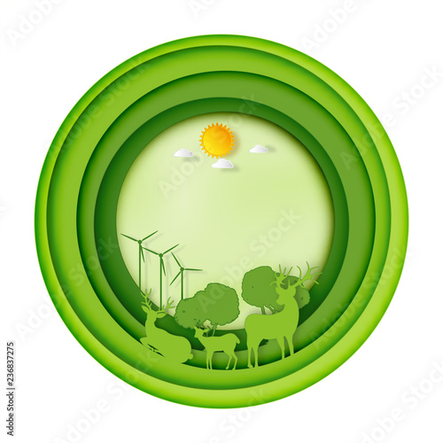 Paper art , cut and craft style of Green forest and deers wildlife in circle nature background layers as Saving the world with ecology and environment conservation concept. Vector illustration.