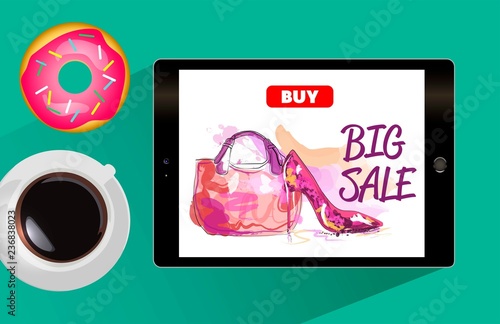 Online shopping on tablet vector illustration. Business breakfast table top view.