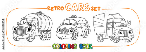 Funny small retro cars with eyes coloring book set