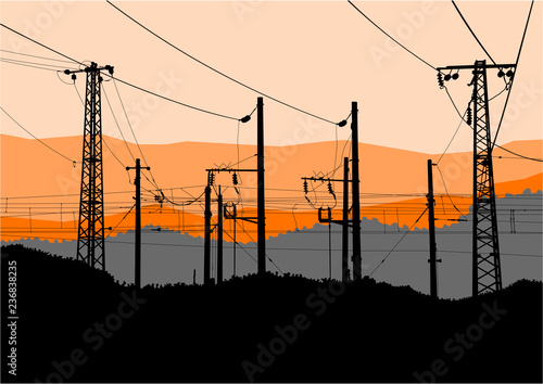 Vector illustration of high voltage power lines, electricity towers and pylons black silhouettes on sunset