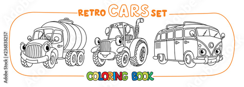 Funny small retro cars with eyes coloring book set