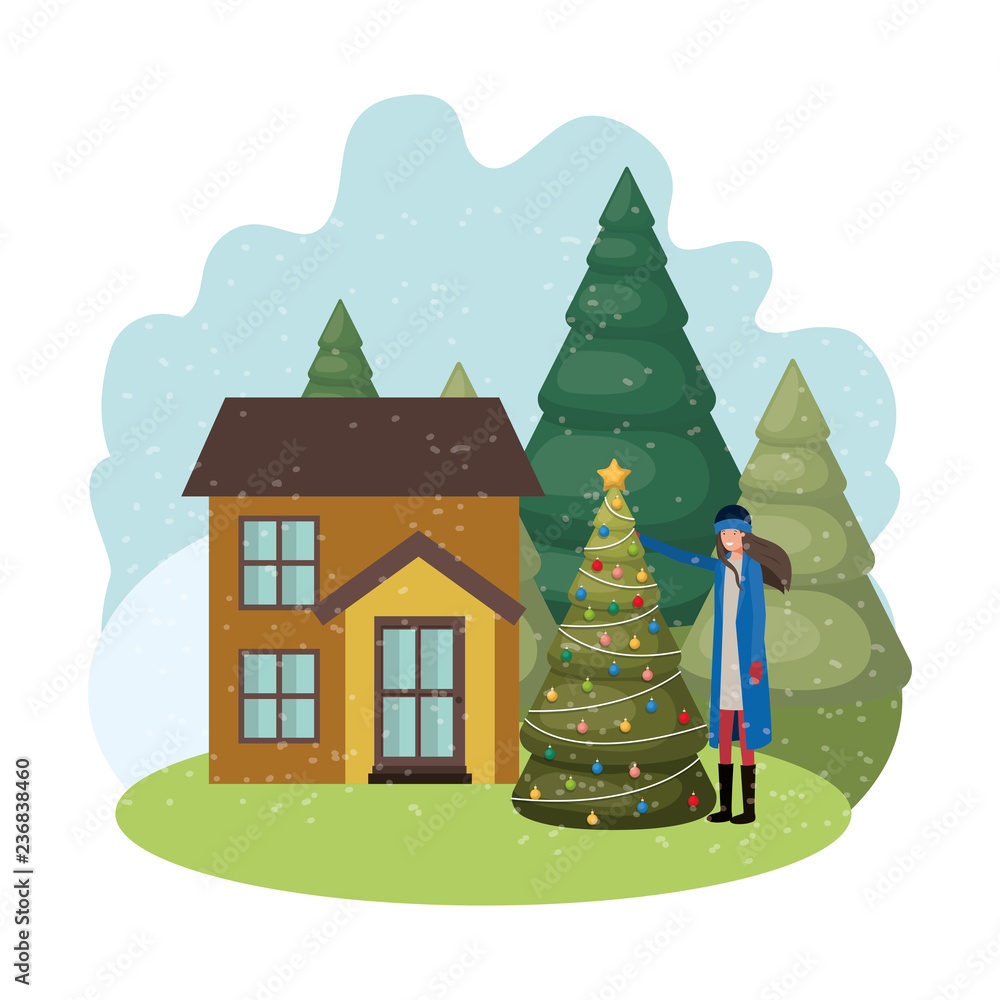 woman with christmas tree outside of the house