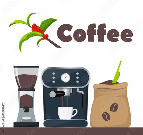 Coffee shop or cafe design illustration with coffee machine, sack with beans, grinder, cup. Tree branch with leaves and coffee berries. Advertising design template, vector.