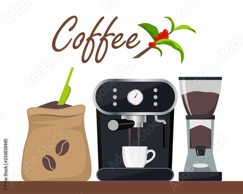 Coffee shop or cafe design illustration with coffee machine, sack with beans, grinder, cup. Tree branch with leaves and coffee berries. Advertising design template, vector.