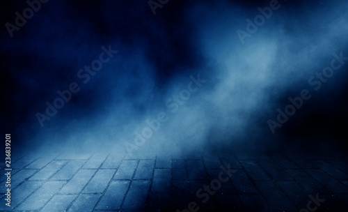 Background of empty room, street, neon light, smoke, fog, asphalt, paving tiles